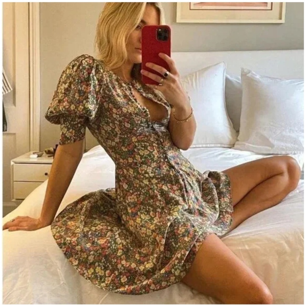 EUC DOEN CERESE MINI DRESS IN GREEN VALLEY FLORAL 100% silk sz L - Picture 3 of 6
